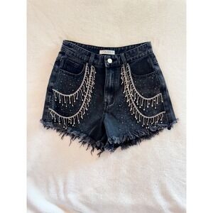 Black Ultra High Rise Rhinestone Fringe Short- Size S